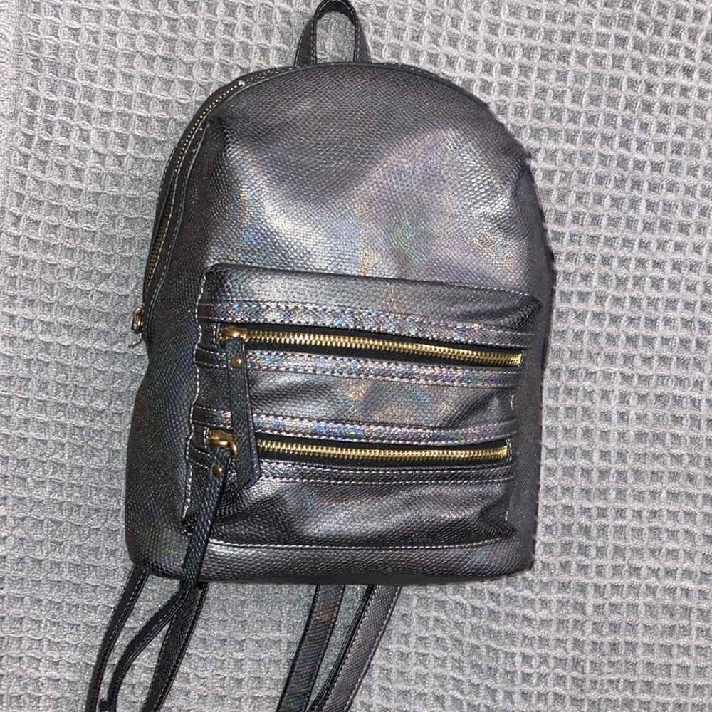 Under one sky backpack purse silver iridescence textured material